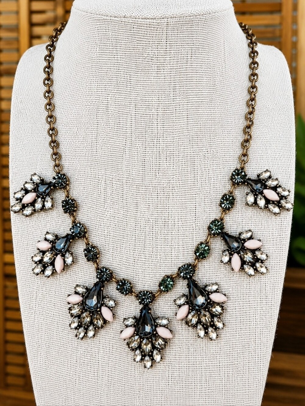 J. Crew Signed Oxidized Brass Art Deco Reproduction Navettes Jeweled Necklace